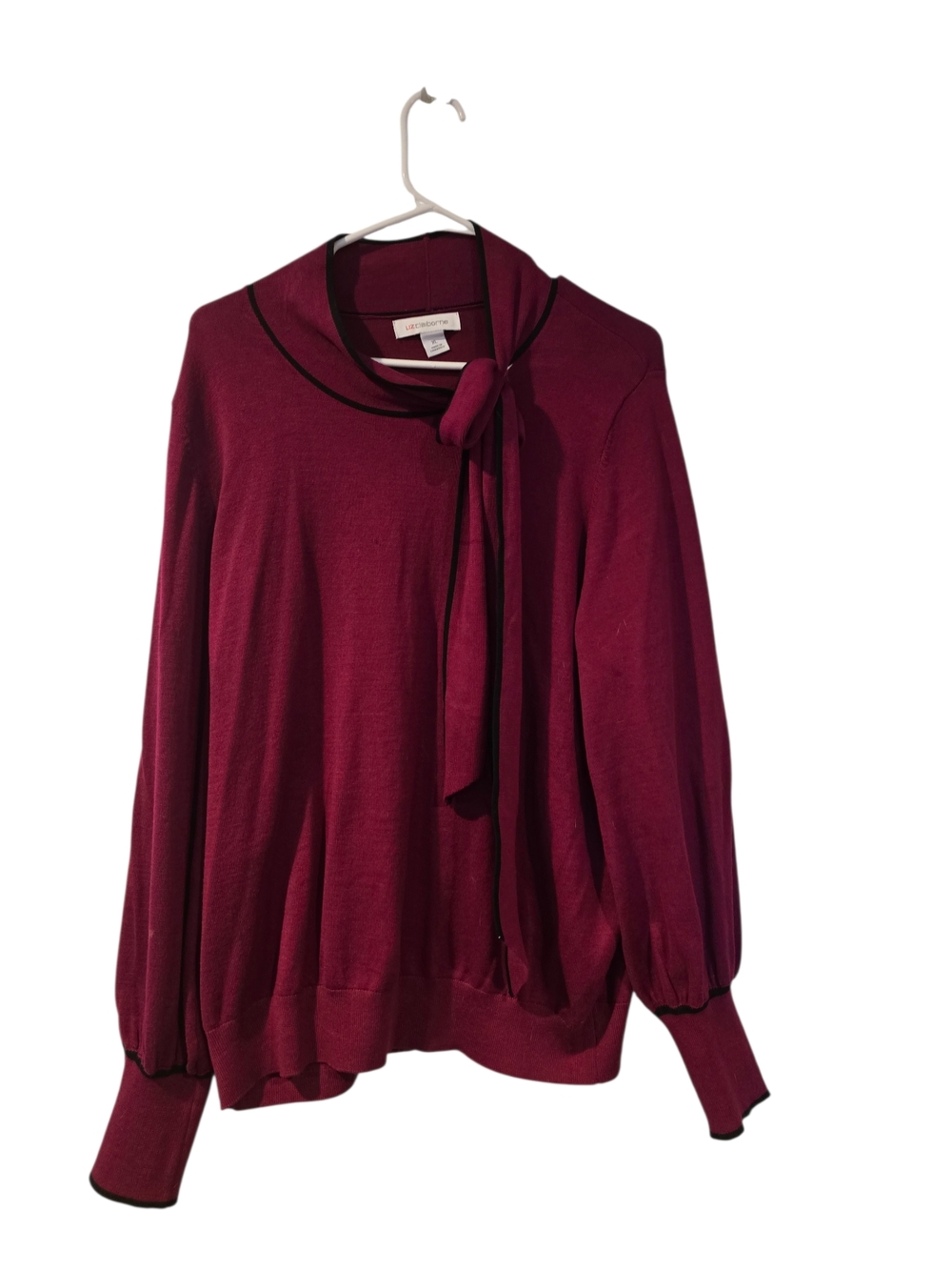 Liz Claiborne Wine Red Knit Top with Black Trim and Neck Tie Sz XL - Picture 2 of 8